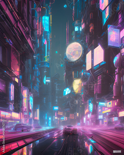 Ilustración de paisaje nocturno urbano ciberpunk