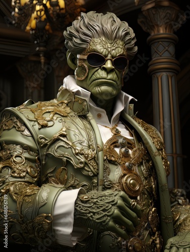 Green-skinned furious superhero with superpowers in classic aristocratic luxury suit. AI