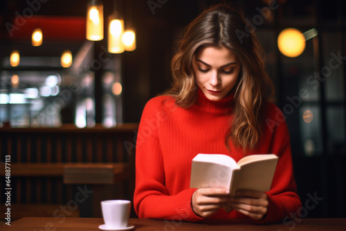 Beautiful girl in a red sweater resting in a cafe and reading a book