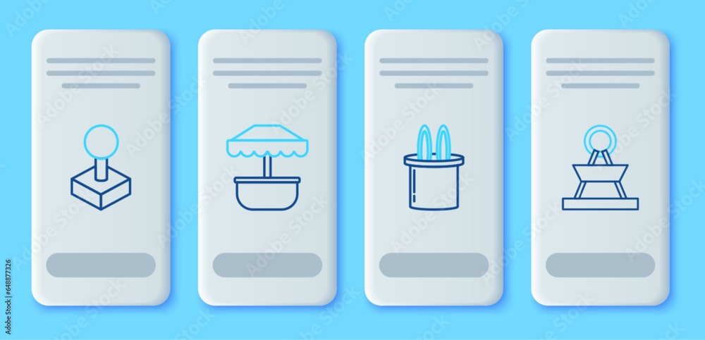 Set line Attraction carousel, Magician hat and rabbit ears, Joystick for arcade machine and icon. Vector Set line Attraction carousel, Magician hat and rabbit ears, Joystick for arcade machine and icon. Vector