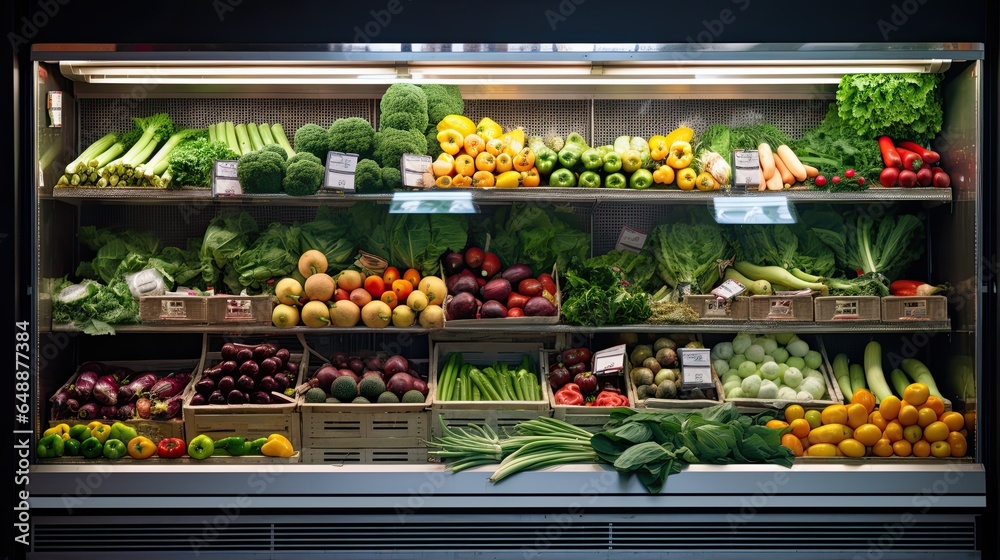 Shelves with fresh vegetables and fruits in a large refrigerator in a vegetable shop - obrazy, fototapety, plakaty 