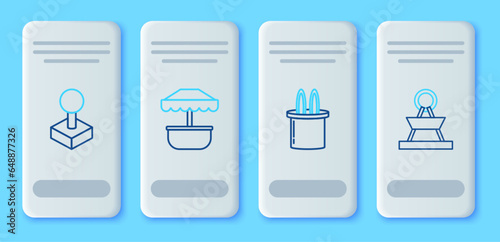 Set line Attraction carousel, Magician hat and rabbit ears, Joystick for arcade machine and icon. Vector