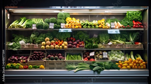 Shelves with fresh vegetables and fruits in a large refrigerator in a vegetable shop photo