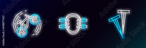 Set line Pegs for tents, Bicycle trick and Knee pads icon. Glowing neon. Vector