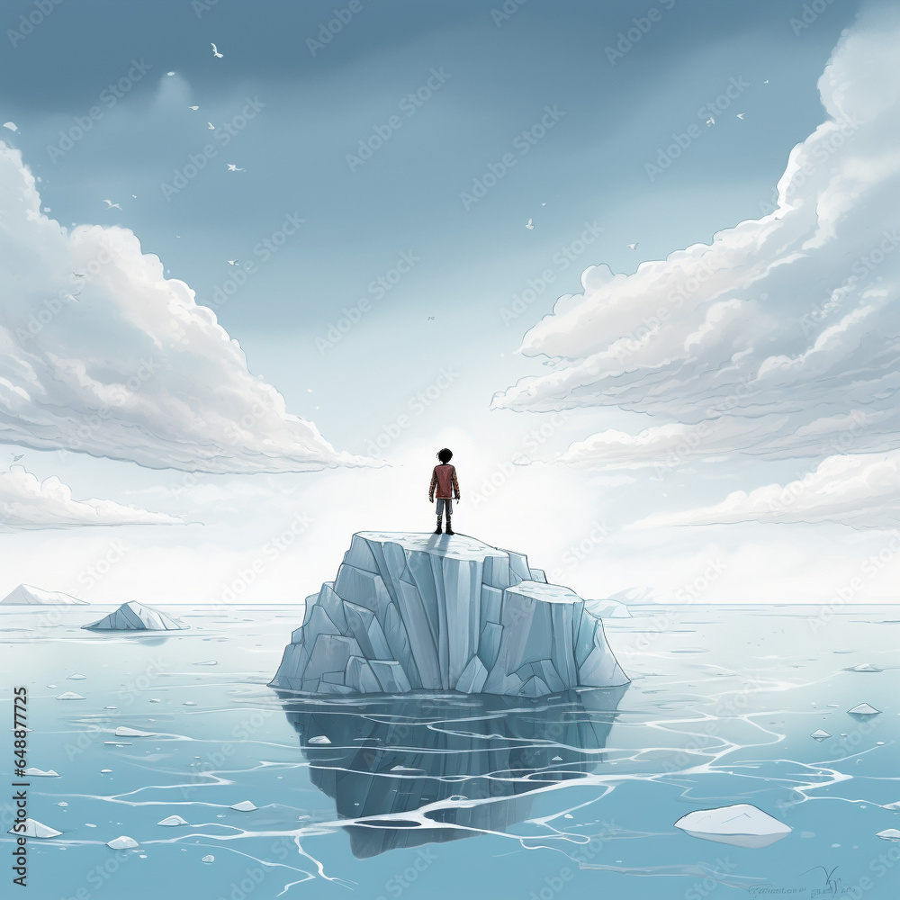 homme seul sur un iceberg en mer, concept du changement climatique, concept du réchauffement climatique - IA Generative - obrazy, fototapety, plakaty 