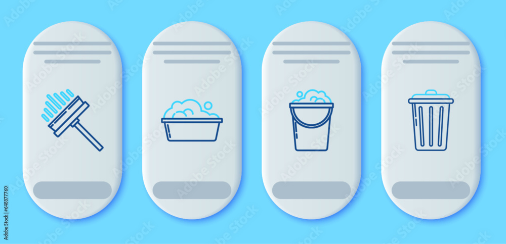 Set line Plastic basin with soap suds, Bucket foam and bubbles, Squeegee, scraper, wiper and Trash can icon. Vector