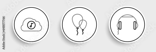 Set line Headphones, Music streaming service and Balloons with ribbon icon. Vector