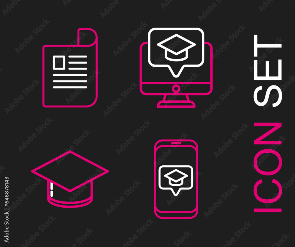 Set line Graduation cap on screen smartphone, Monitor with graduation and Document icon. Vector Set line Graduation cap on screen smartphone, Monitor with graduation and Document icon. Vector