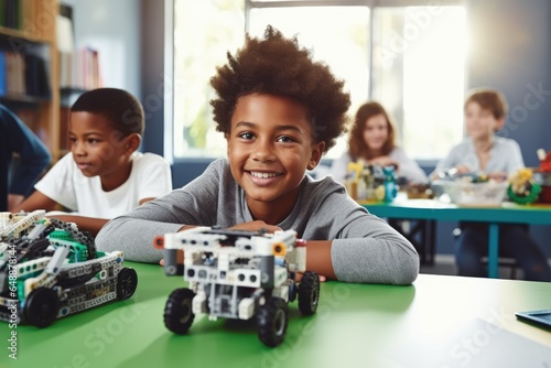 Diverse school children build robotic cars photo