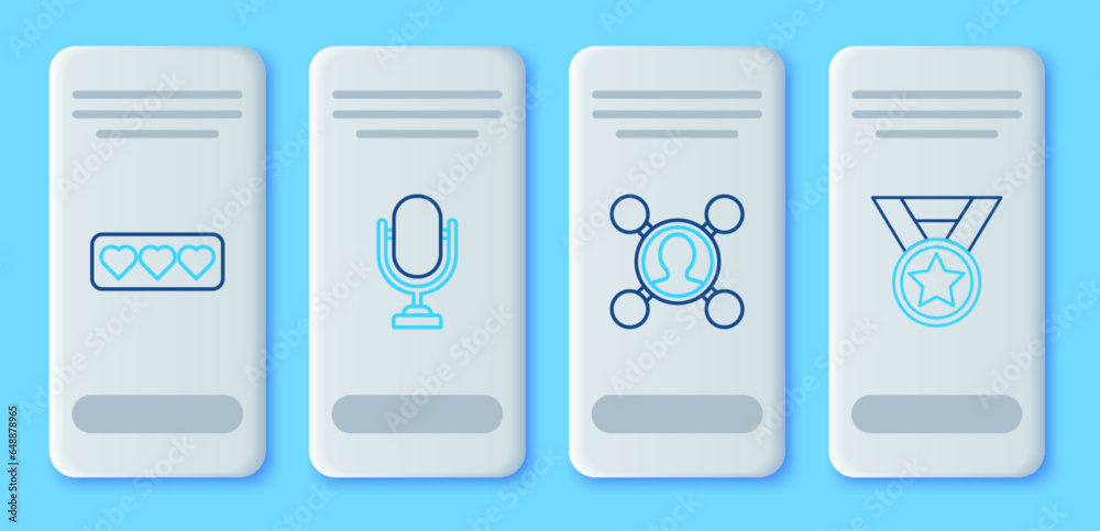 Set line Microphone, Share, Like and heart and Medal icon. Vector Set line Microphone, Share, Like and heart and Medal icon. Vector