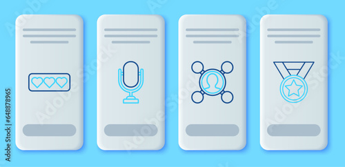 Set line Microphone, Share, Like and heart and Medal icon. Vector