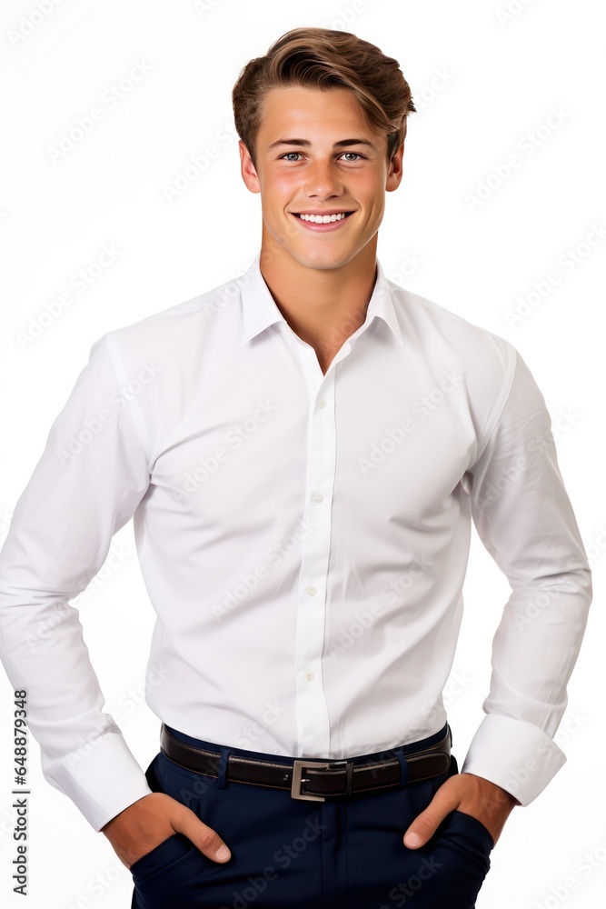 College Boy in white Shirt and Trousers Isolated on White College Boy in white Shirt and Trousers Isolated on White