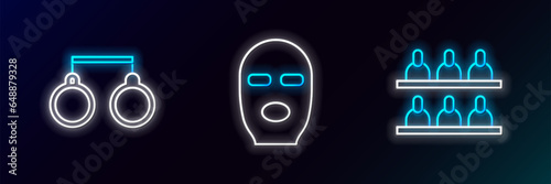 Set line Jurors, Handcuffs and Thief mask icon. Glowing neon. Vector
