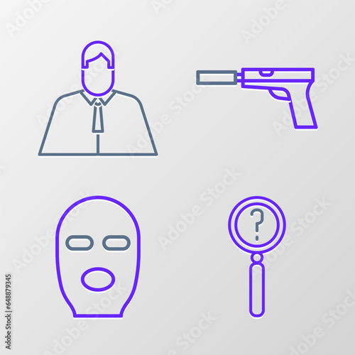 Set line Magnifying glass with search, Thief mask, Pistol or gun silencer and Lawyer, attorney, jurist icon. Vector