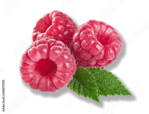 Raspberries with green leaves isolated on transparent background