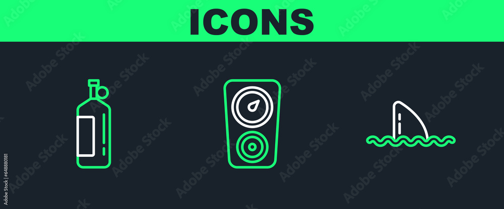 Set line Shark fin in ocean wave, Aqualung and Gauge scale icon. Vector Set line Shark fin in ocean wave, Aqualung and Gauge scale icon. Vector