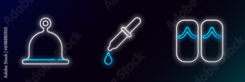 Set line Flip flops, Sauna hat and Pipette icon. Glowing neon. Vector