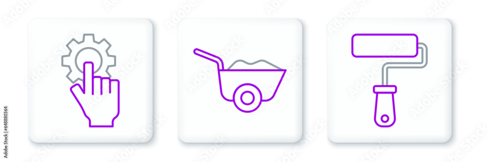 Set line Paint roller brush, Settings the hand and Wheelbarrow icon. Vector Set line Paint roller brush, Settings the hand and Wheelbarrow icon. Vector