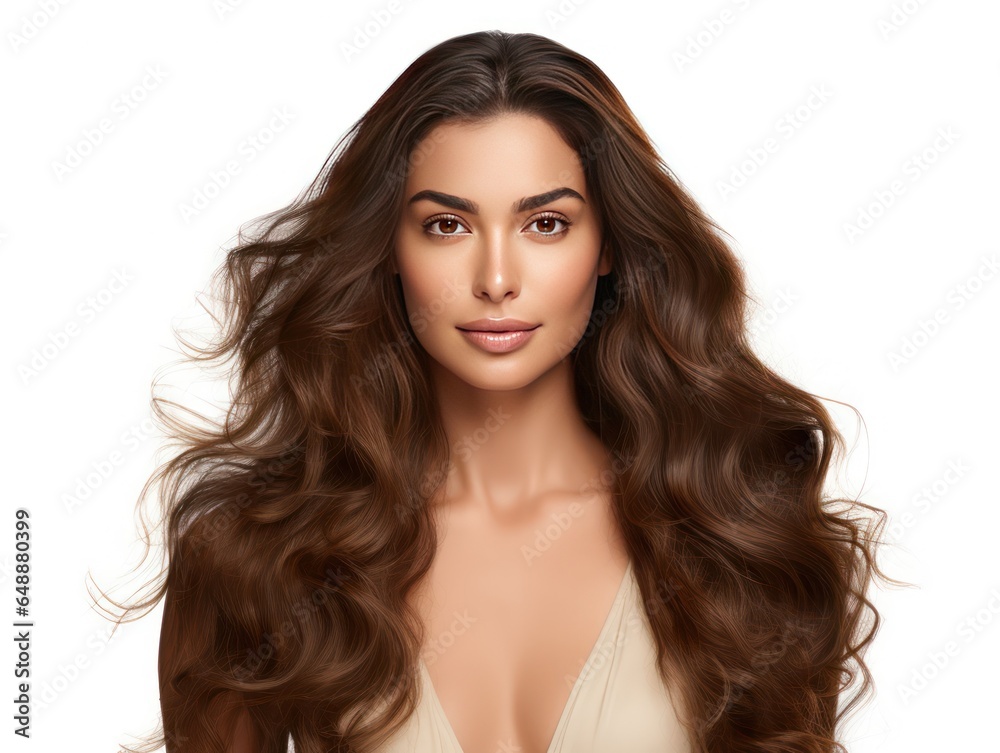 Confident Indian beauty with glowing hair for haircare ad on white background Confident Indian beauty with glowing hair for haircare ad on white background