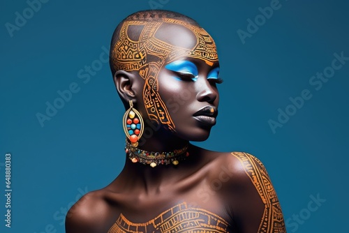 Beautiful glamour African woman with black skin body art.