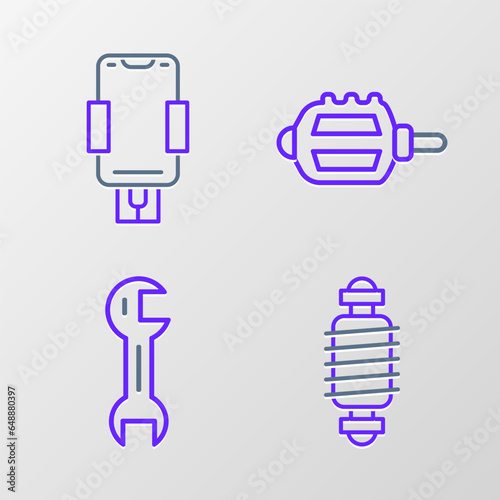 Set line Bicycle suspension, Wrench spanner, pedal and Mobile holder icon. Vector