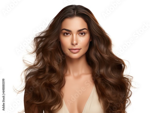 Confident Indian beauty with glowing hair for haircare ad on white background