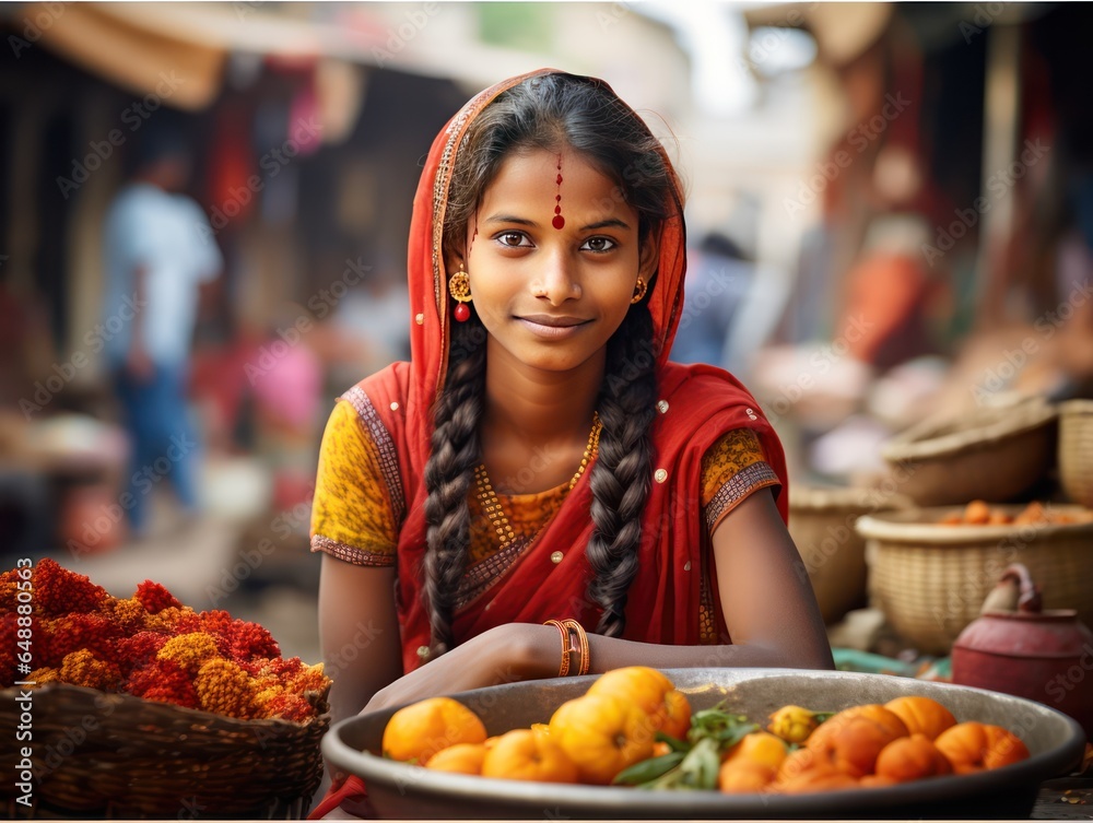 Indian girl at a vibrant street market with traditional crafts, white background