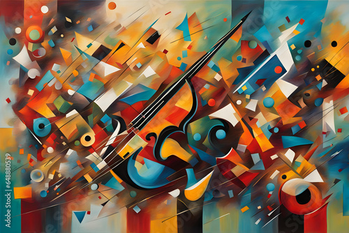 orchestra themed cubist style abstract painting of musical instruments