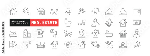 Set of 36 Real Estate line icons set. Real Estate outline icons with editable stroke collection. Includes House, Deal, Mortgage, Location, Consultant and More.