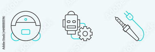 Set line Soldering iron, Robot vacuum cleaner and setting icon. Vector