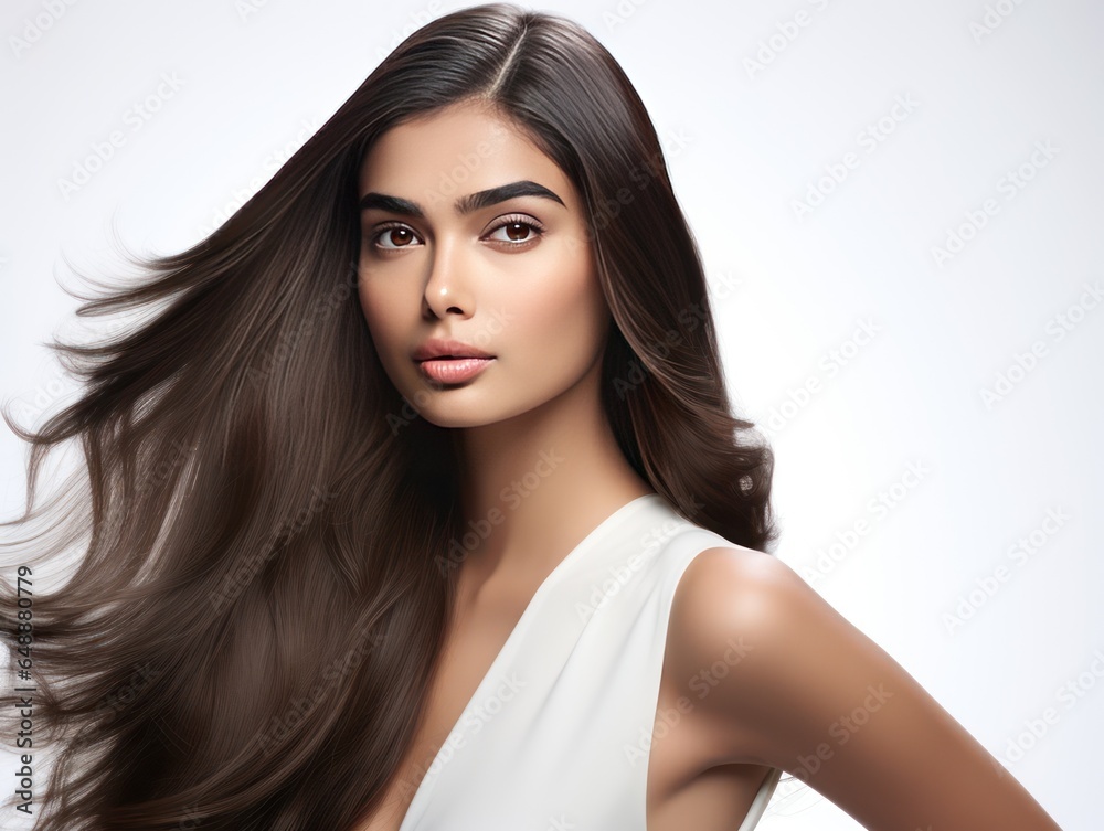 Naklejka premium Elegant Indian girl with long wavy hair in a beauty ad on white background
