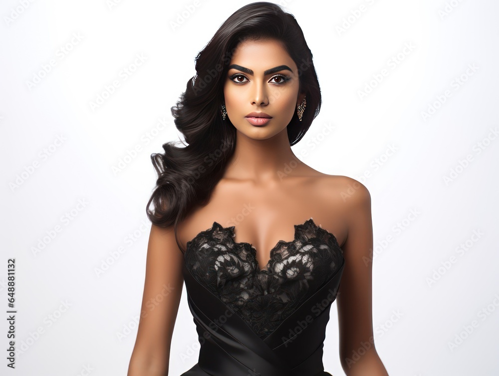 Elegant Indian Girl in Classic Black Dress on White Background Elegant Indian Girl in Classic Black Dress on White Background