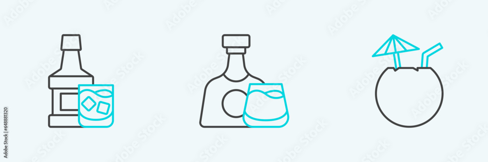 Set line Coconut cocktail, Whiskey bottle and glass and icon. Vector Set line Coconut cocktail, Whiskey bottle and glass and icon. Vector