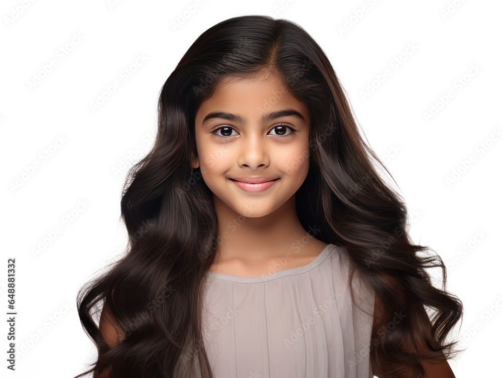 Indian Girl Shows Off Her Long, Healthy Hair After Using Strengthening Products on White Background Indian Girl Shows Off Her Long, Healthy Hair After Using Strengthening Products on White Background