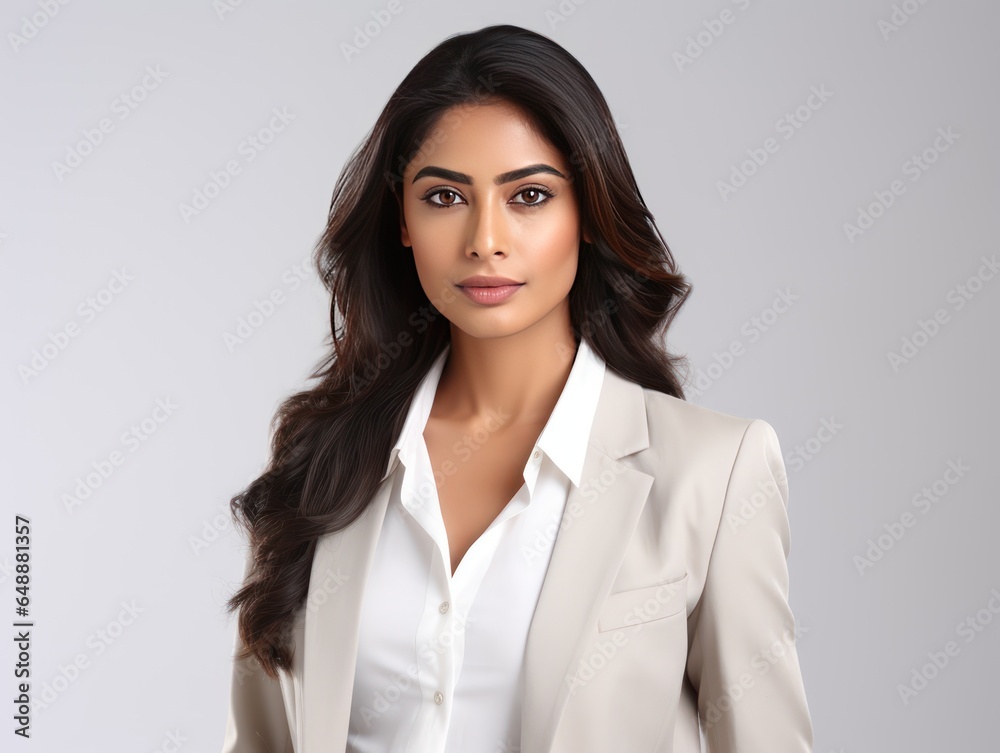Indian Girl with Confident Business Look for Commercial Shoot on White Background Indian Girl with Confident Business Look for Commercial Shoot on White Background