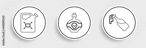 Set line Cocktail molotov, Canister fuel and Poison in bottle icon. Vector