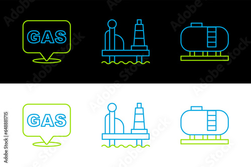 Set line Oil tank storage, Location and gas station and platform in the sea icon. Vector