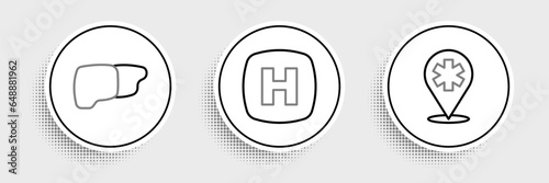Set line Location hospital, Human organ liver and Hospital signboard icon. Vector