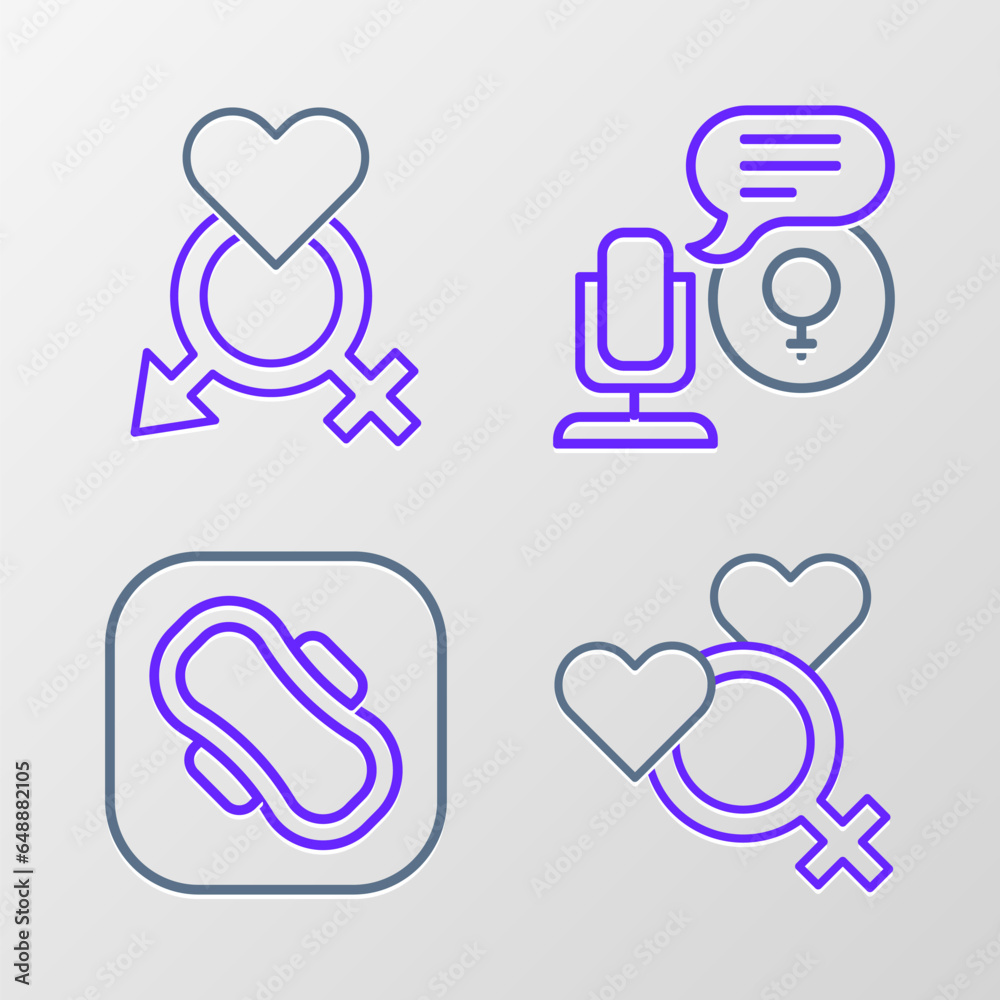Set line Female gender, Sanitary napkin, Microphone and Gender icon. Vector Set line Female gender, Sanitary napkin, Microphone and Gender icon. Vector