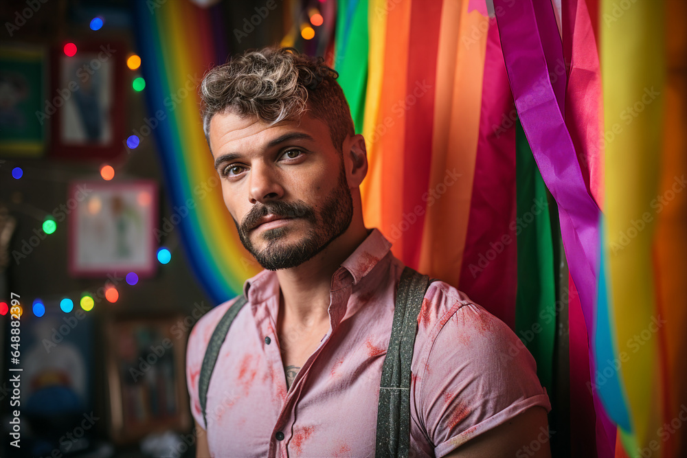 Generative AI picture of handsome smiling black skin guy queer at LGBT parade outdoor Generative AI picture of handsome smiling black skin guy queer at LGBT parade outdoor