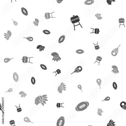 Set Barbecue grill, American Football ball, Balloons and Native Indian on seamless pattern. Vector