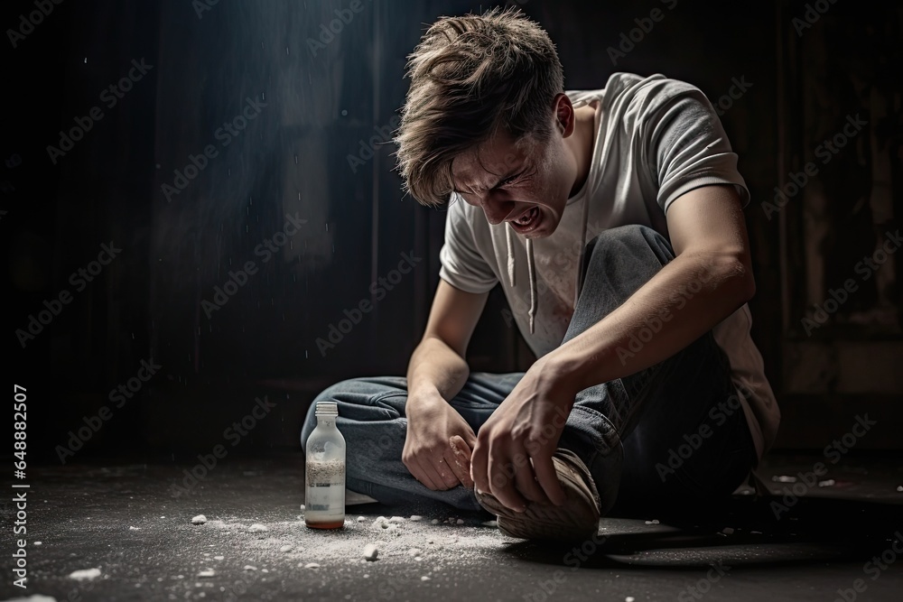 Young man sitting near drug bottle on the street with depression and negative expression on dark background. Young man sitting near drug bottle on the street with depression and negative expression on dark background.