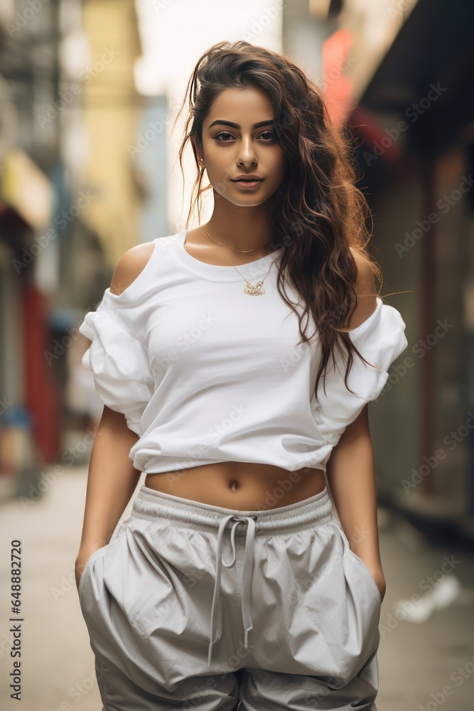 Stylish Indian Teen Girl in Urban Street Style, Oversized Top, Jogger Pants, Sneakers, Confident Smile, White Background