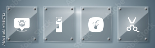 Set Scissors hairdresser, Broken follicle, Shaving gel foam and Barbershop. Square glass panels. Vector