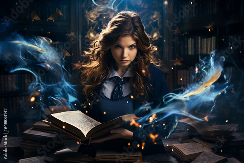Creative collage generative ai photo of young magician studying in magic wizardry school
