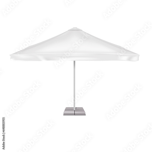 Large patio umbrella with metal pole and heavy base realistic vector mockup. Blank white big outdoor garden parasol mock-up