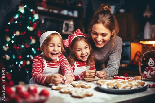 Photo of a woman and two young girls baking cookies together