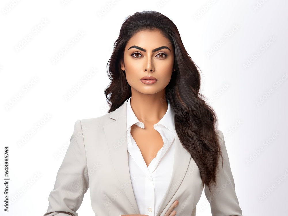 Charismatic Indian Beauty Influencer in Elegant Formal Attire for Leadership Campaign isolated on white background Charismatic Indian Beauty Influencer in Elegant Formal Attire for Leadership Campaign isolated on white background