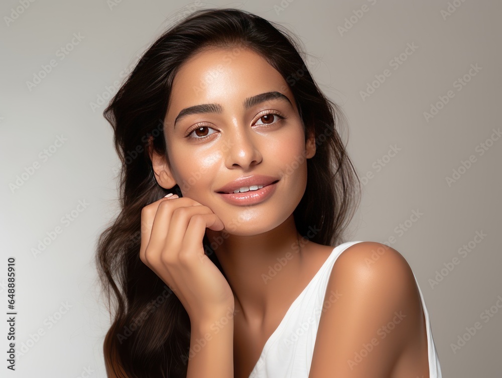 Confident Indian Girl with Glowing, Even-Toned Skin in Skincare Commercial for Brightening Serum Confident Indian Girl with Glowing, Even-Toned Skin in Skincare Commercial for Brightening Serum