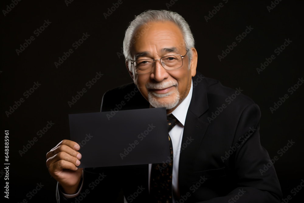 A senior man of European appearance in a business suit is holding a sign or paper. Gray-haired old man. copy space. pension reform. Happy old age and retirement. Accumulative pension system. A senior man of European appearance in a business suit is holding a sign or paper. Gray-haired old man. copy space. pension reform. Happy old age and retirement. Accumulative pension system.
